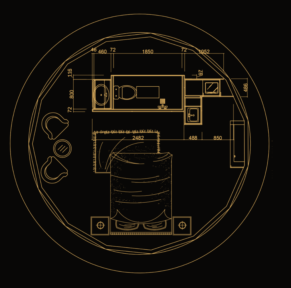 Circular dome pod floor plan showing bathroom with tub and WC, kitchenette, wardrobe, king bed and lounge chairs
