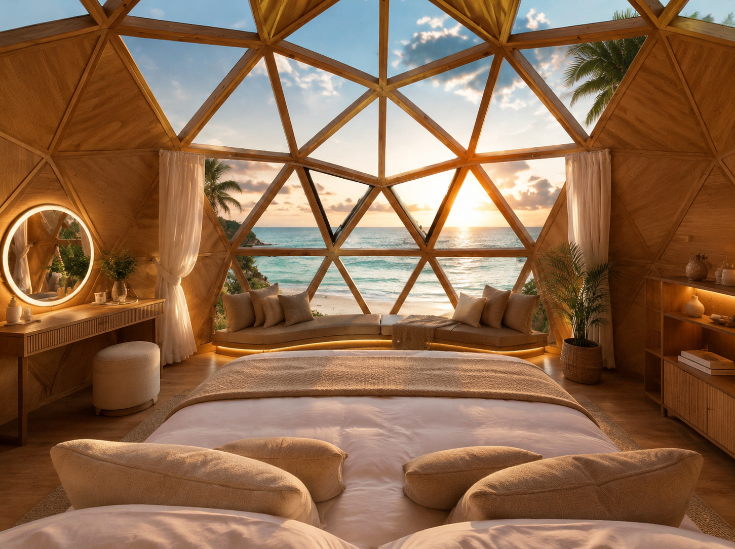 Dome pod bedroom with king bed and full-height glazing framing a beach sunset
