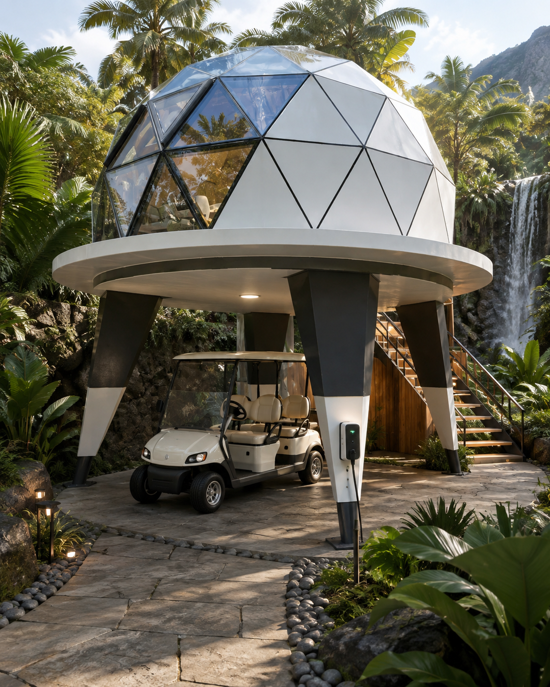Solaris geodesic dome pod on stilts in daylight beside a waterfall, with tropical planting and stone access path