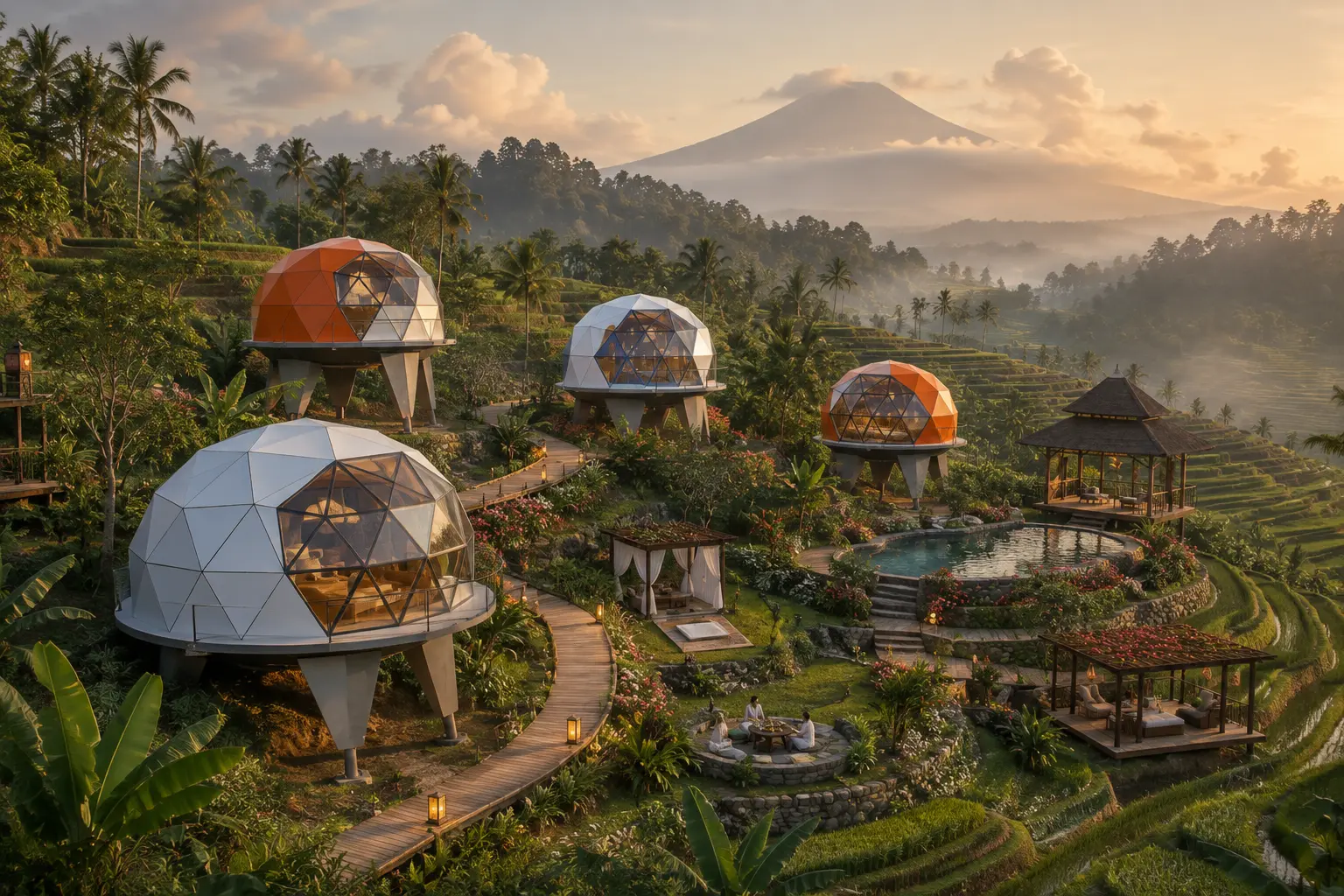 Concept art — Solaris dome pods scattered across Balinese rice terraces