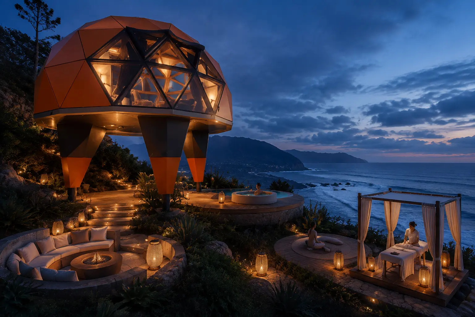 Concept art — a lantern-lit dome pod and oceanfront treatment pavilion at dusk