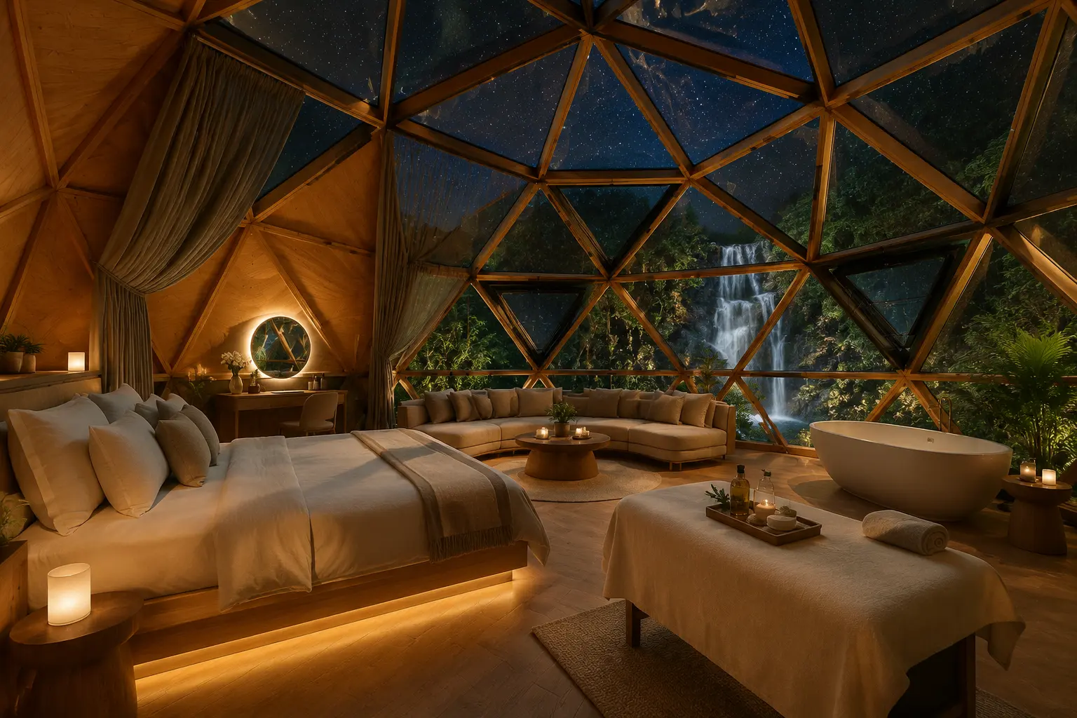 Concept art — a starlit dome interior with bed, lounge, bath and treatment table facing a waterfall