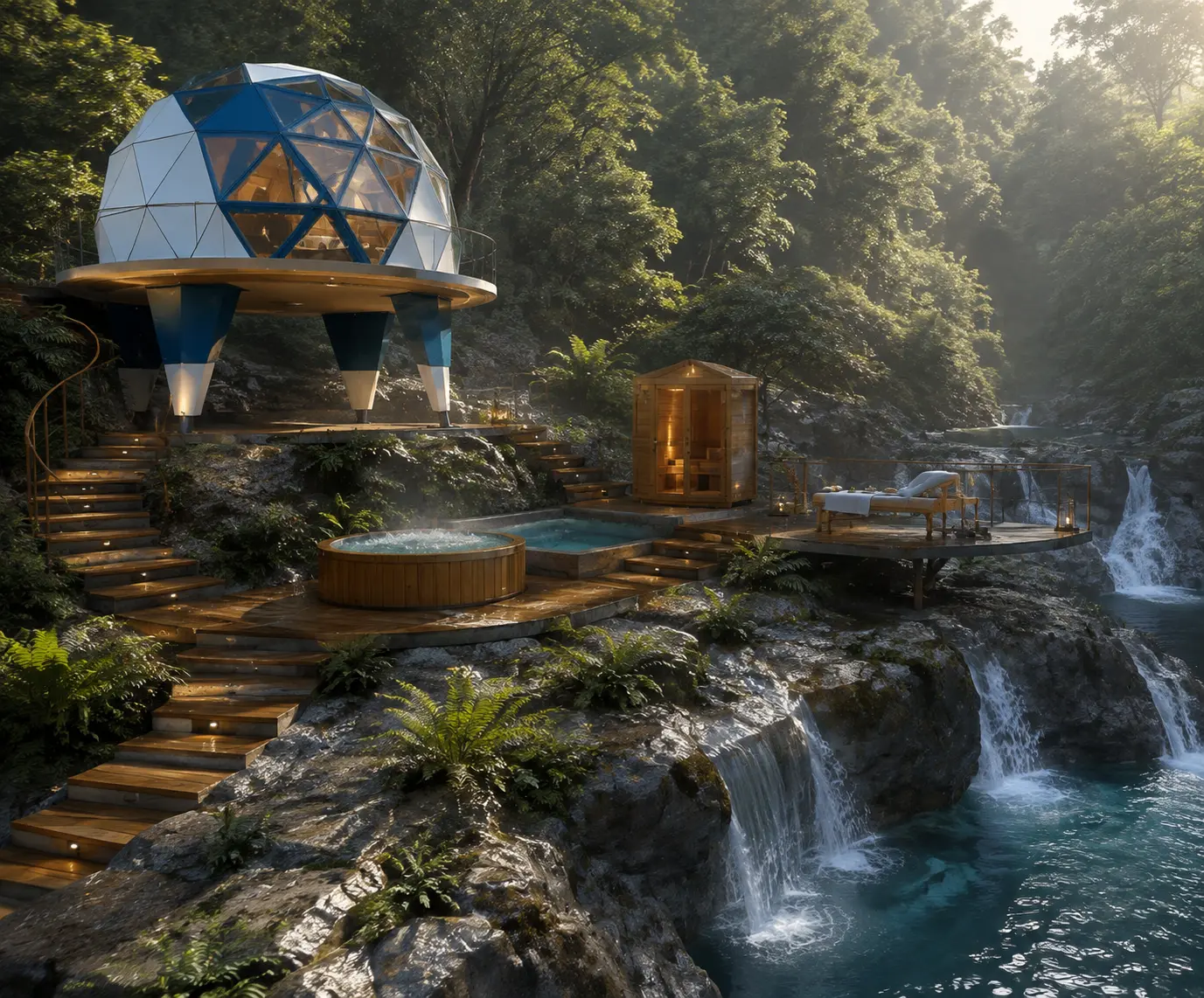 Concept art — a dome pod, sauna and plunge pools beside forest waterfalls