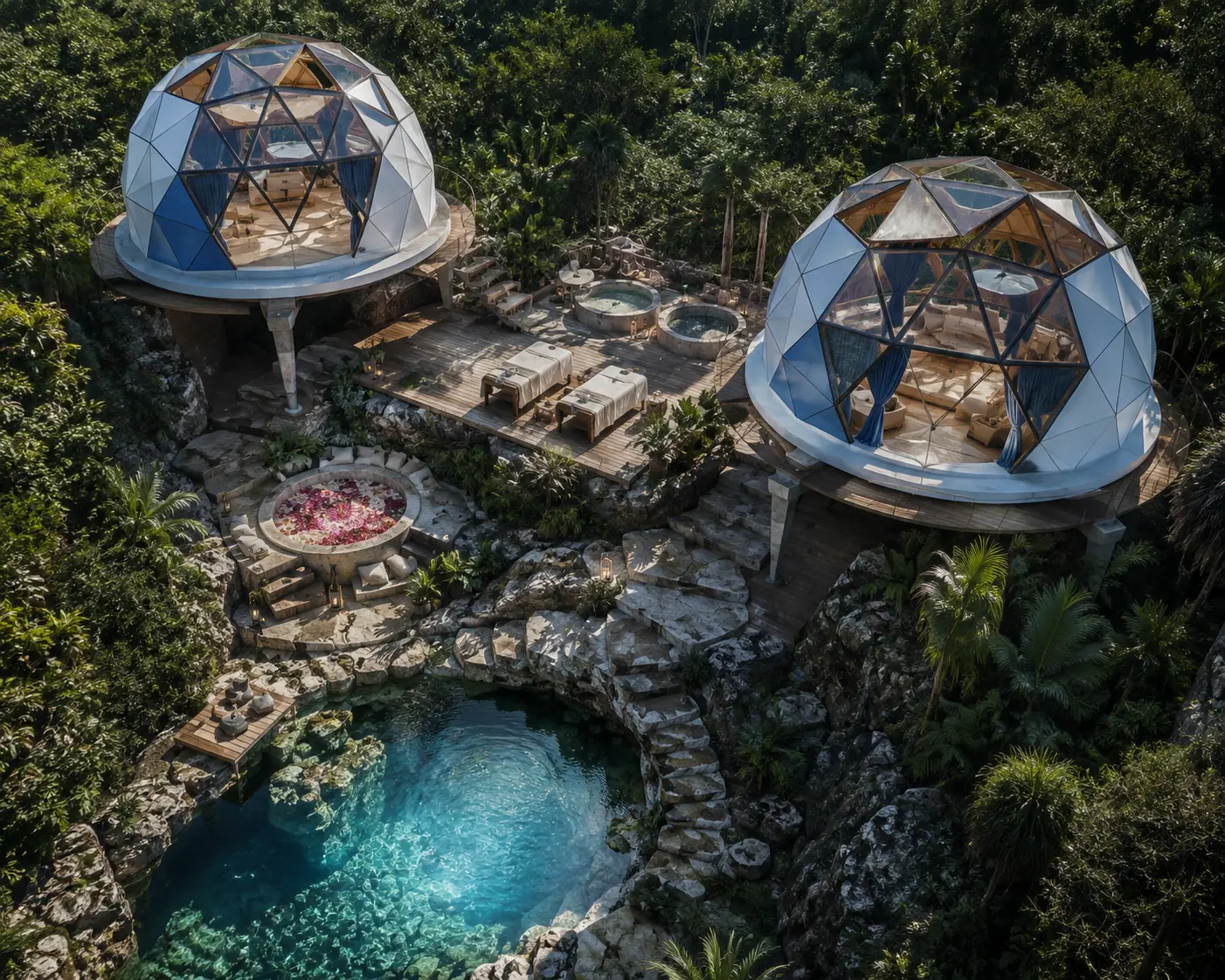 Concept art — twin dome pods with open-air spa decks above a turquoise lagoon