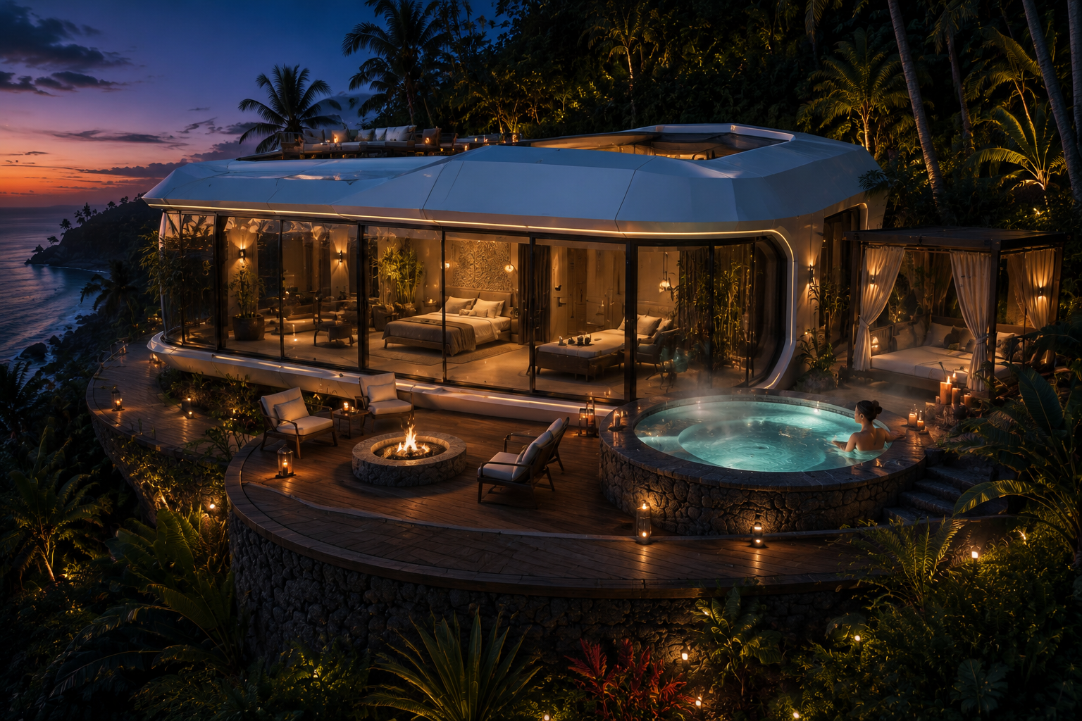 Illuminated capsule pod at blue hour with hot tub, firepit and ocean backdrop