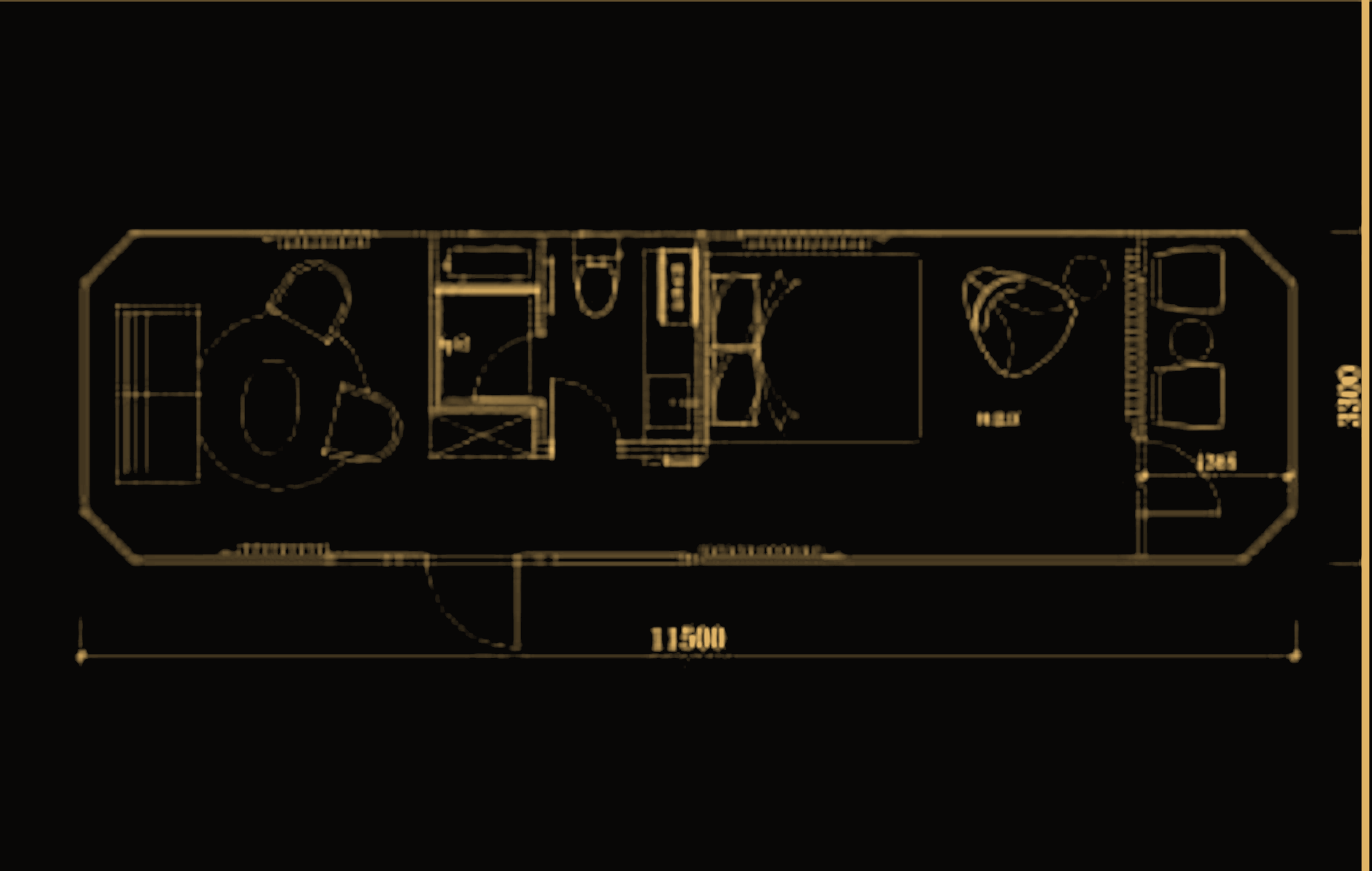Linear capsule pod floor plan, 11,500 mm by 3,300 mm, showing lounge, bathroom, wardrobe, king bed and terrace seating