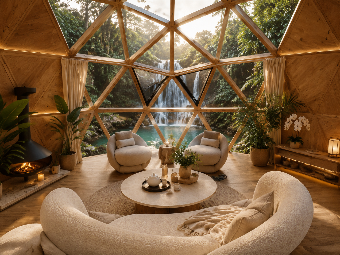 Timber dome pod lounge with fireplace, curved seating and a waterfall view through the glazing