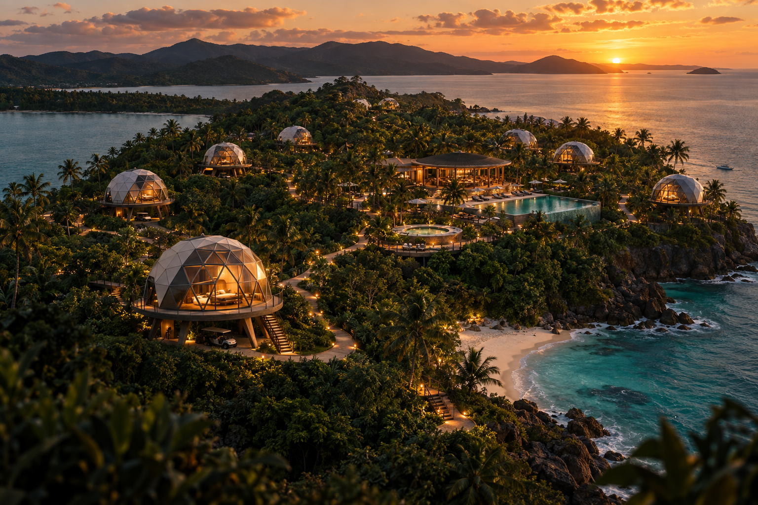 Aerial view at sunset of a Solaris island retreat with glass dome pods, infinity pool and beach coves