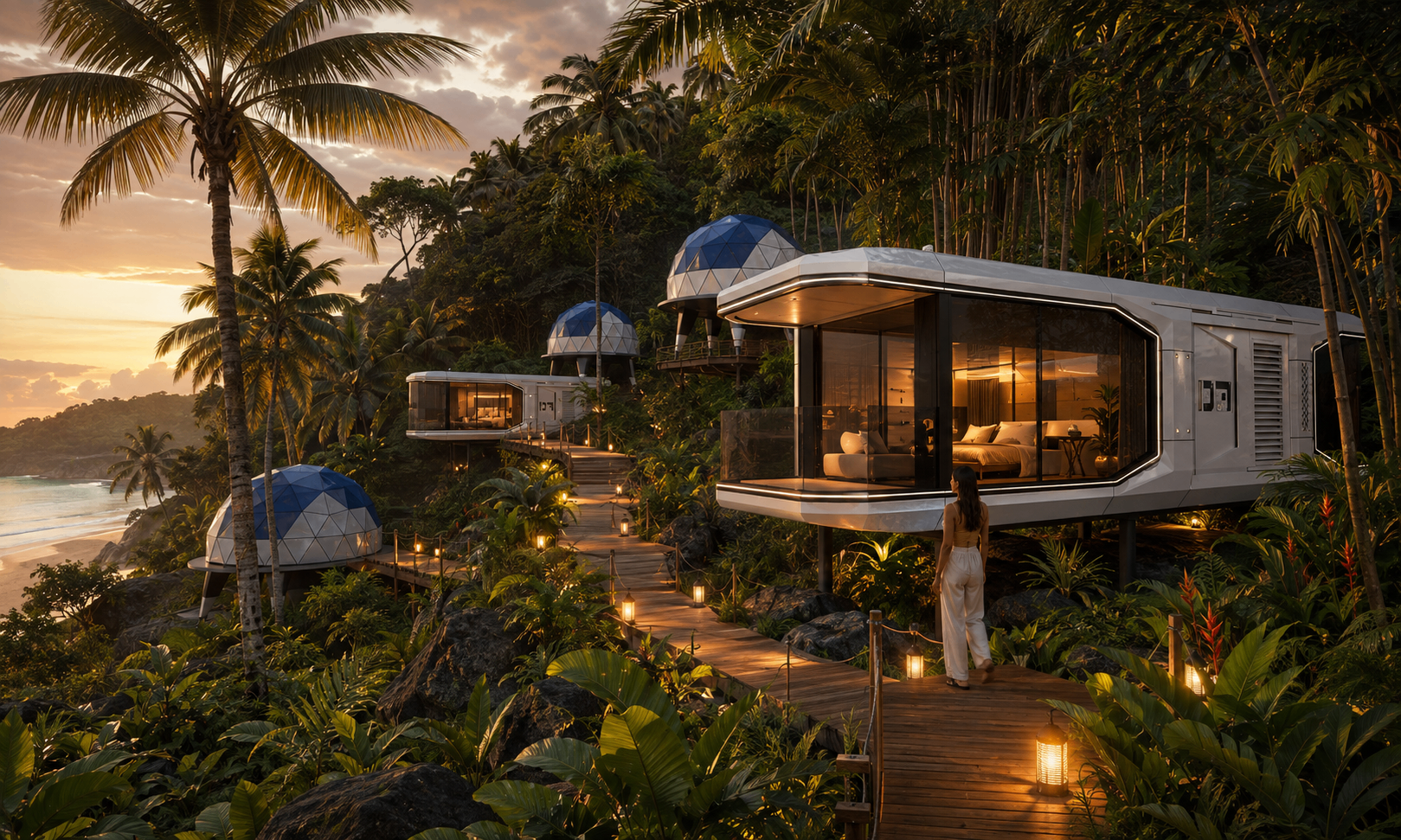 Dome and capsule pods linked by lit timber walkways on a tropical hillside above the beach