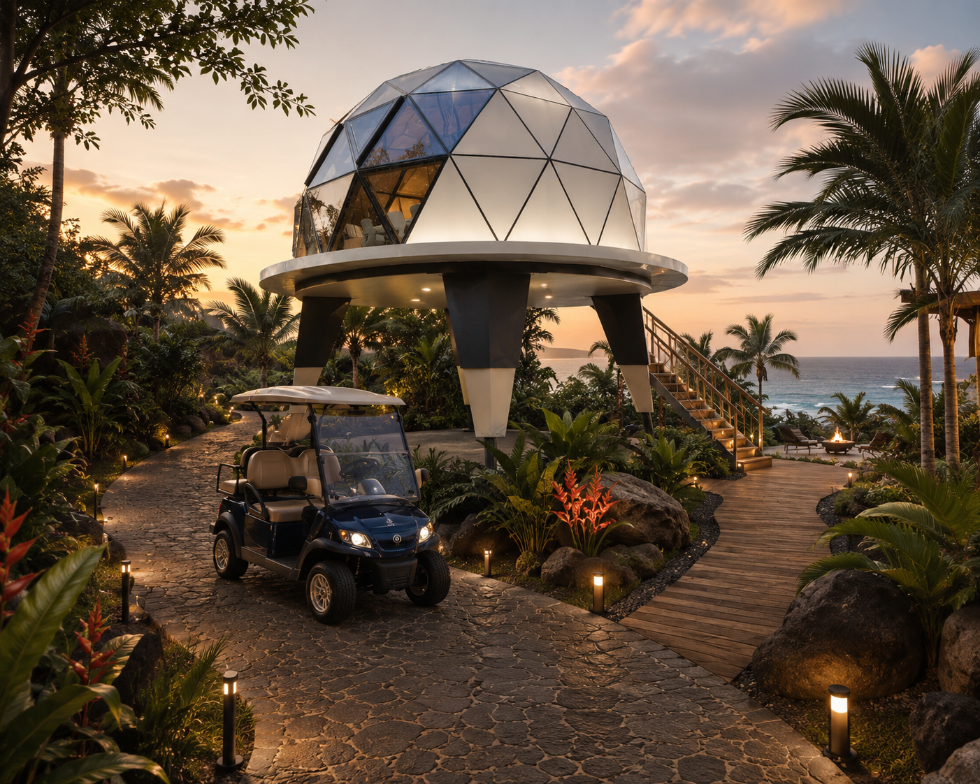 Solaris geodesic dome pod on stilts at sunset, with illuminated pathways, tropical planting and ocean view