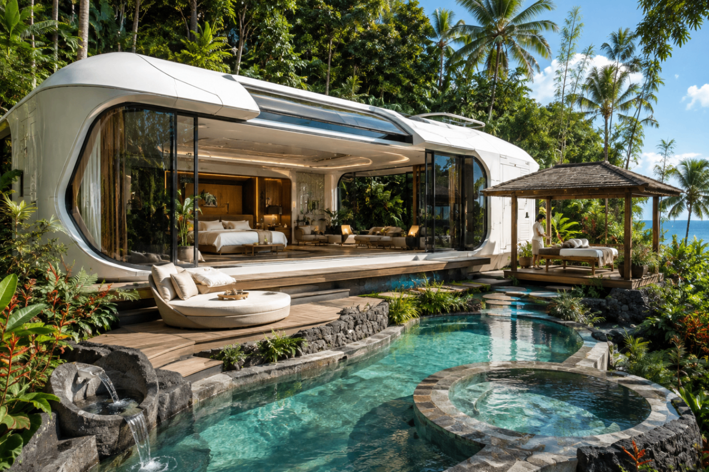 Luxury Solaris capsule pod with full-height glazing, private pool, hot tub and tropical ocean view