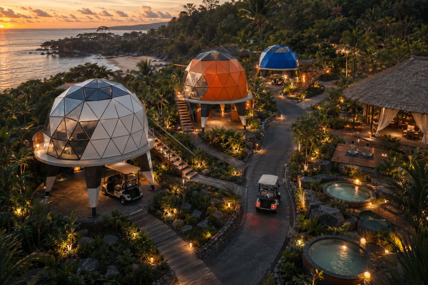 Aerial sunset view of a Solaris dome-pod resort with pool, wellness spaces and tropical coastline