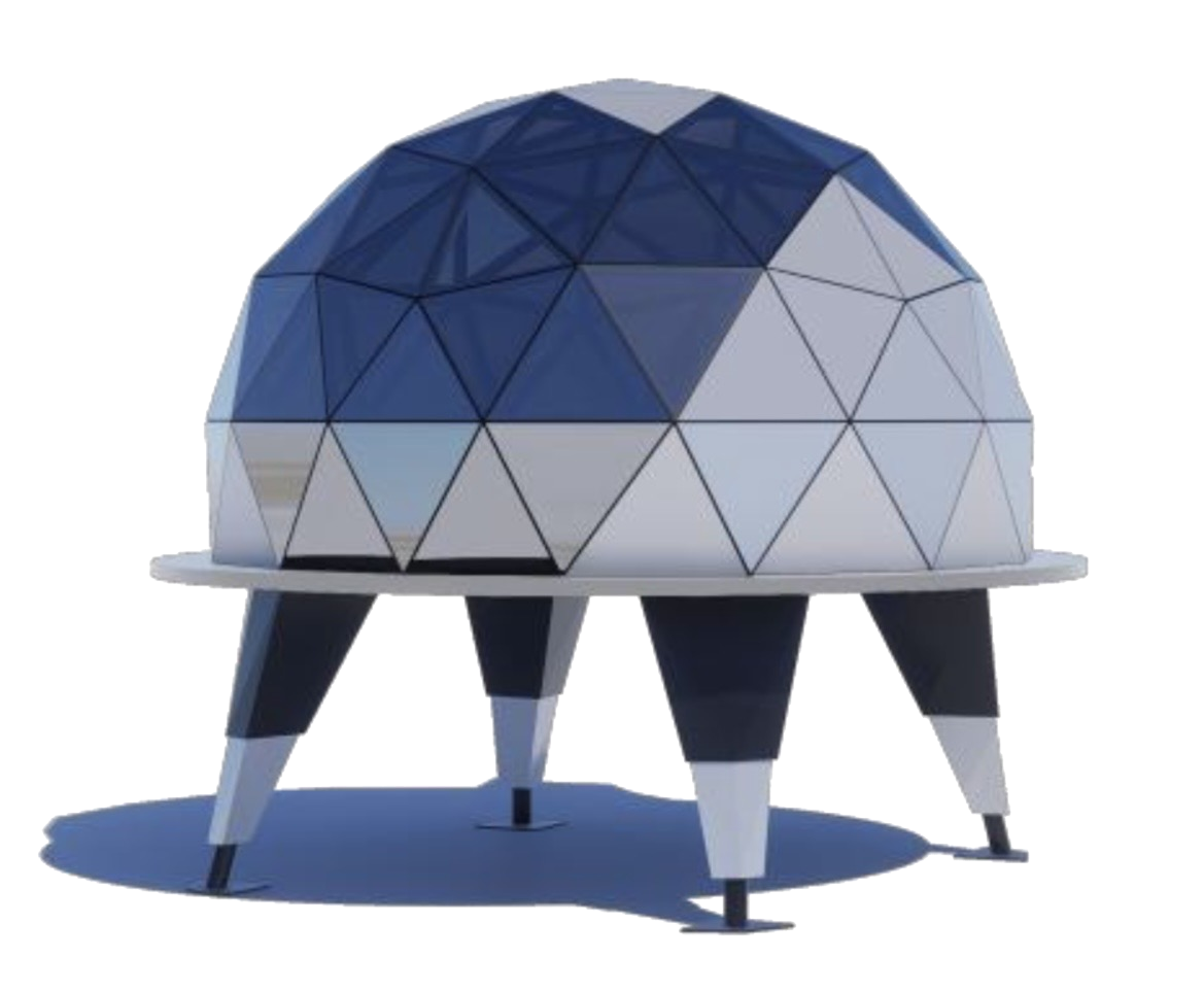 Geodesic glass dome eco-pod on four tapered legs with blue and white glazed panels