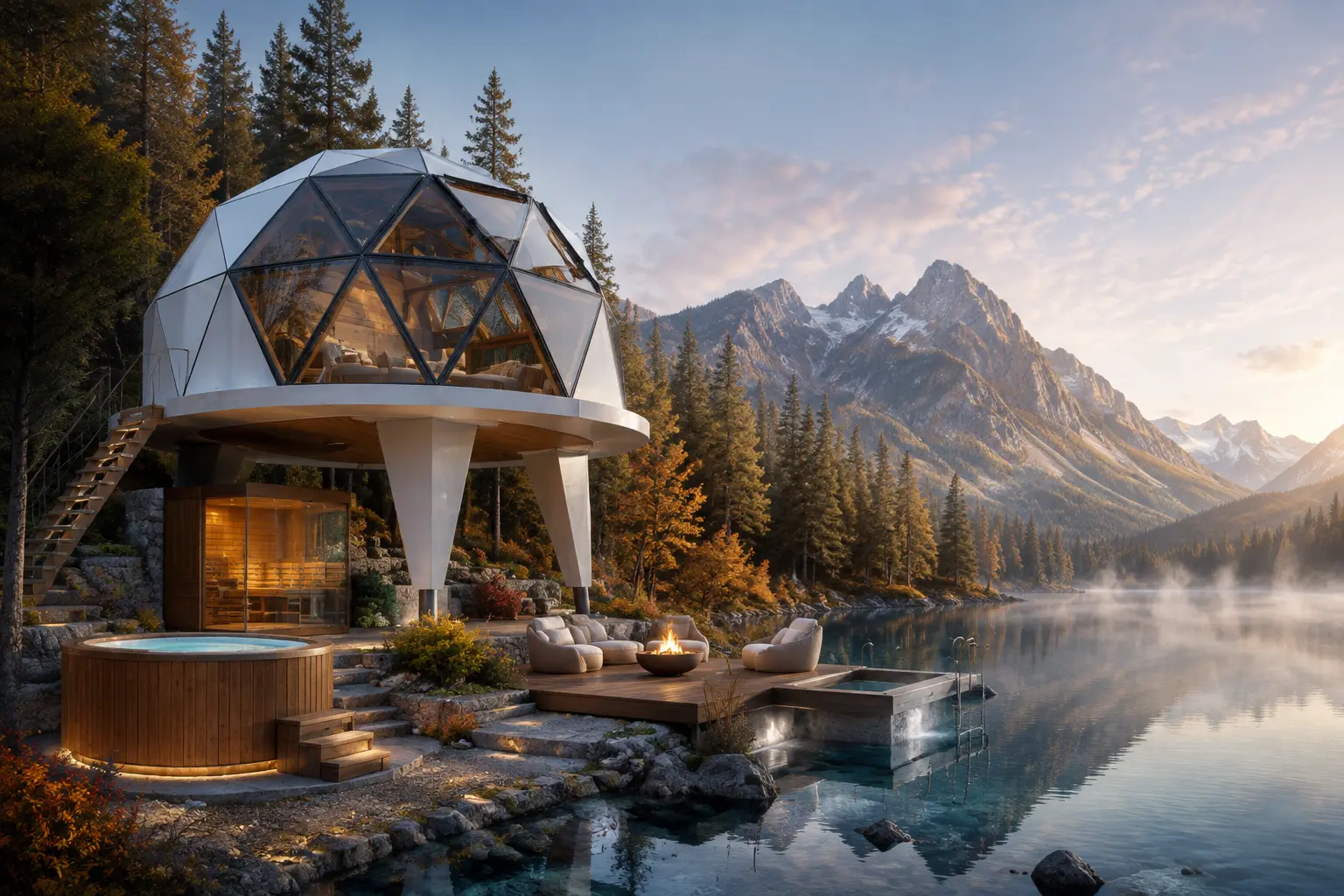 Concept art — a glass-fronted Solaris dome pod on a still mountain lake with sauna and hot tub