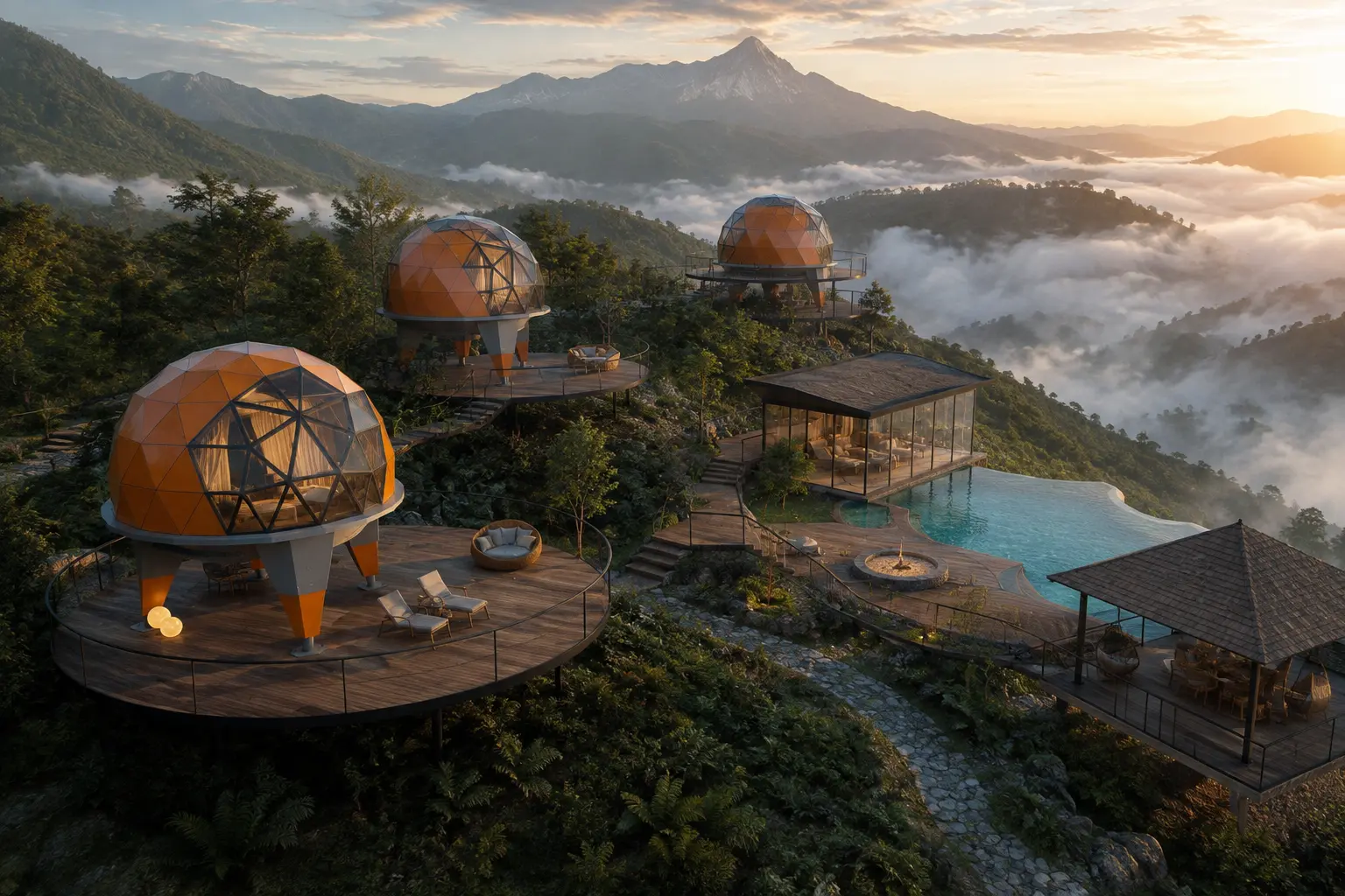 Concept art — dome pods and an infinity pool above a cloud-filled valley