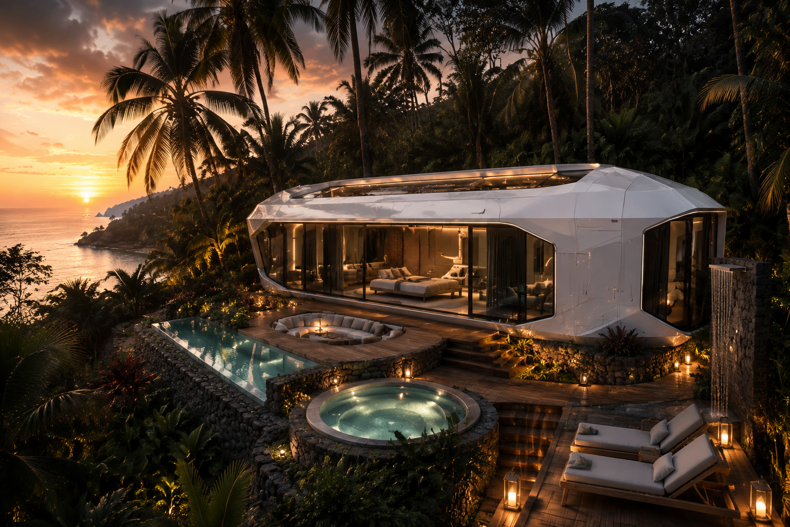 Solaris capsule pod at sunset with private pool, hot tub and firepit