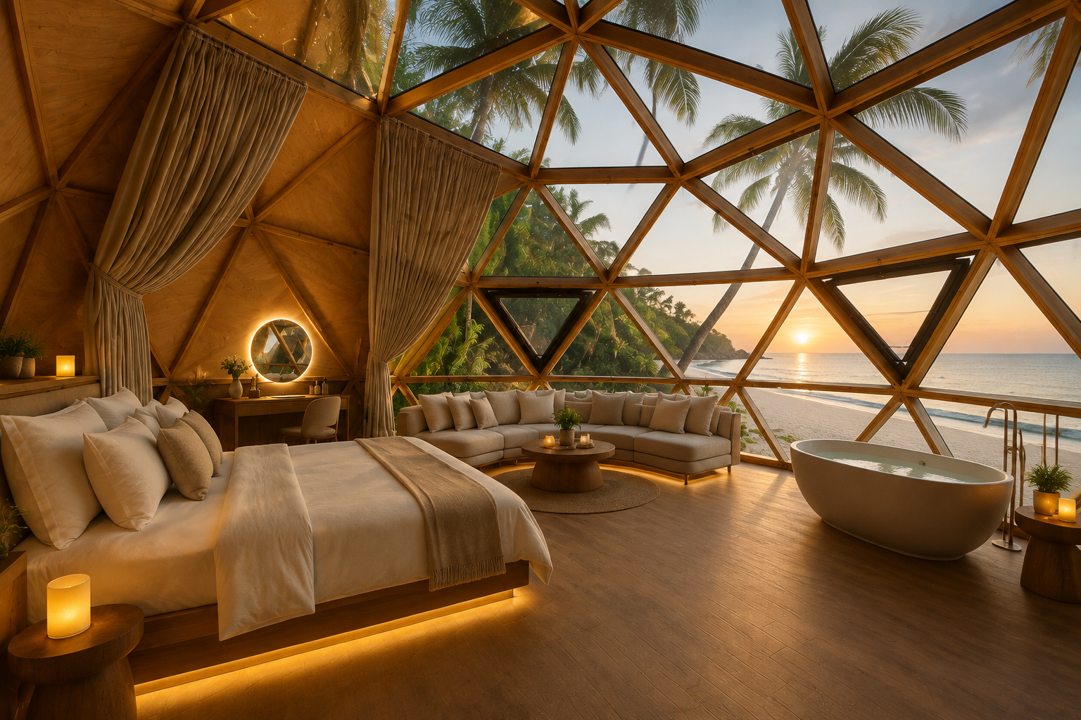 Solaris dome pod interior at sunset with ocean view, king bed and soaking tub