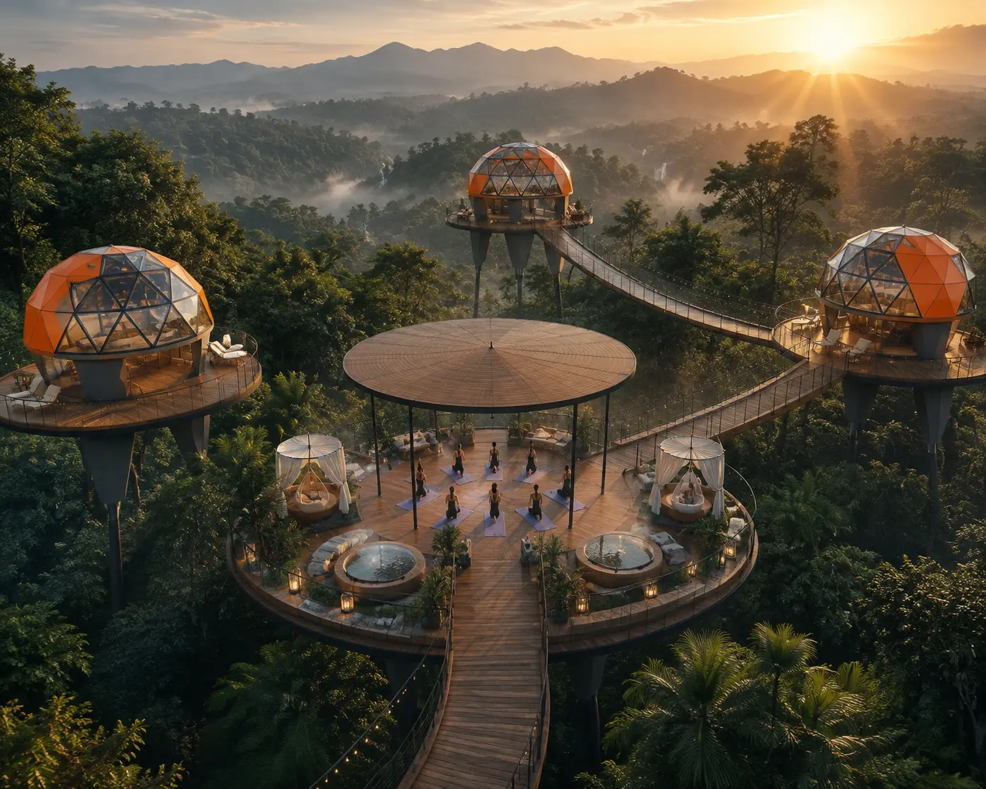 Concept art — elevated dome pods linked by walkways above a jungle yoga deck