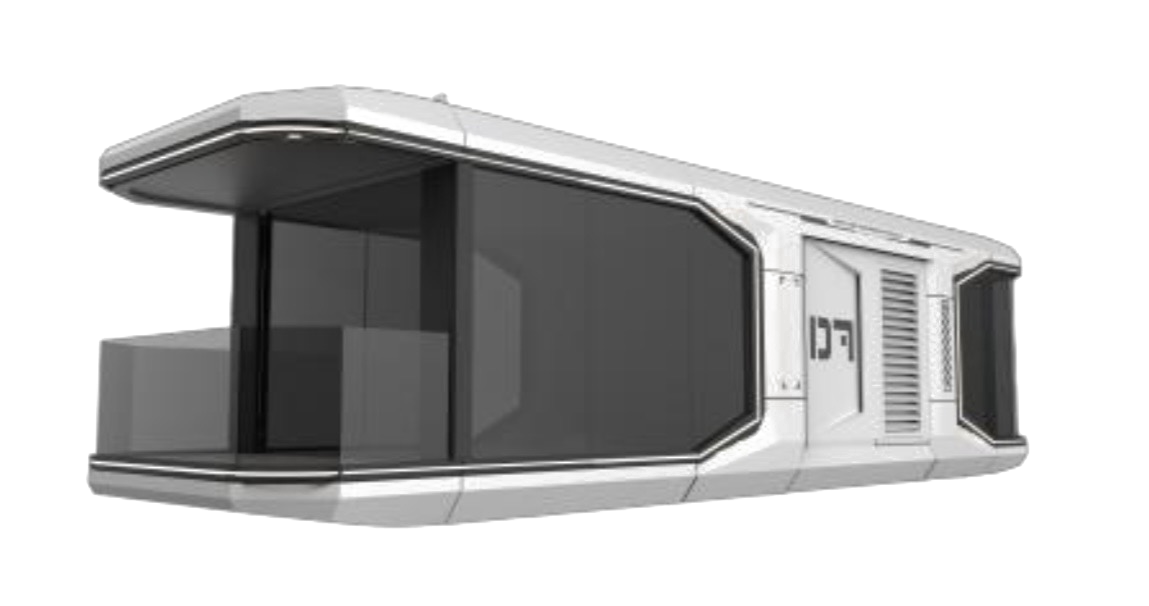 White linear capsule eco-pod with a full-height glazed wall and cantilevered terrace canopy