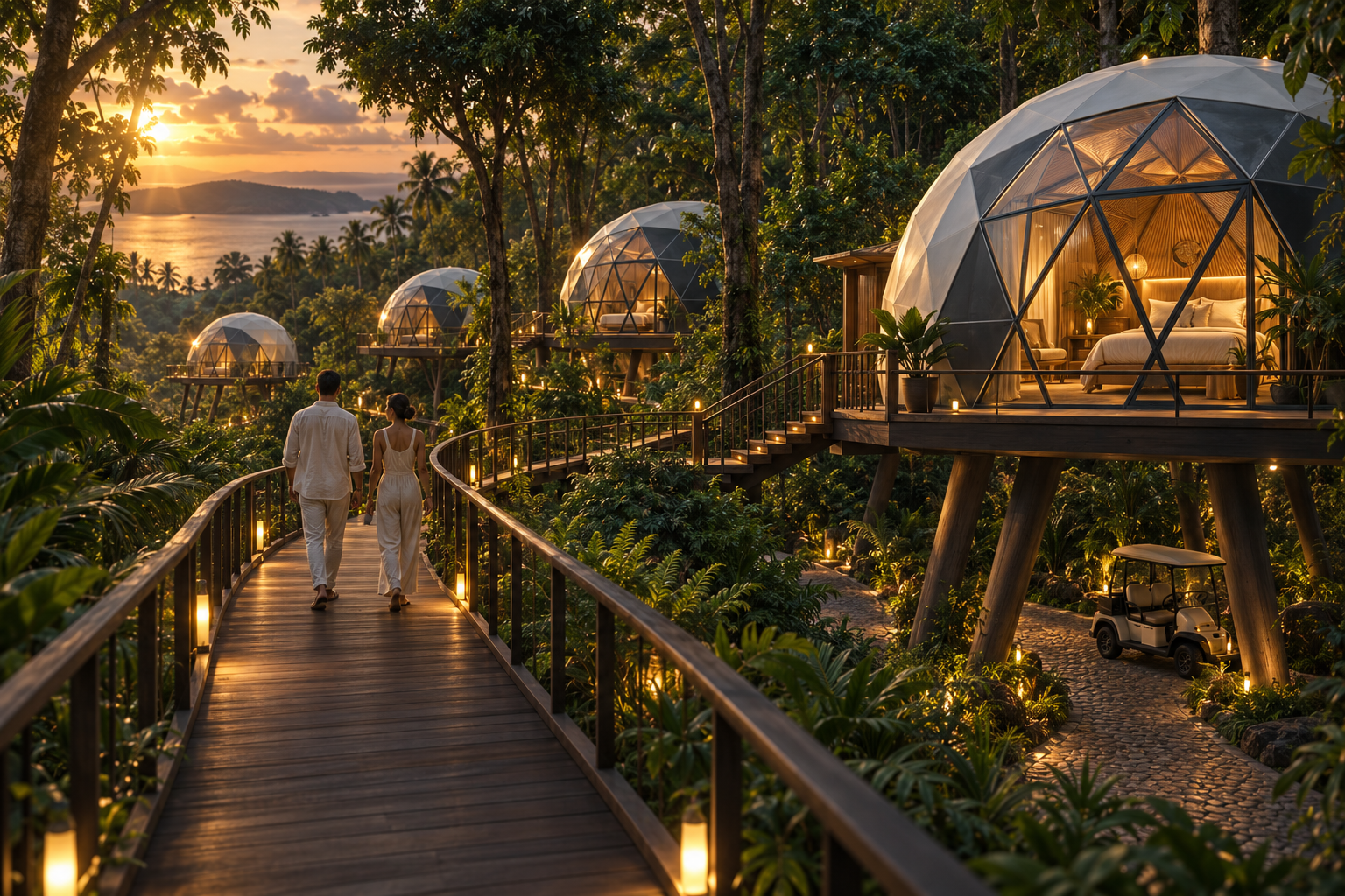 Elevated boardwalk linking glass dome pods above the jungle at sunset