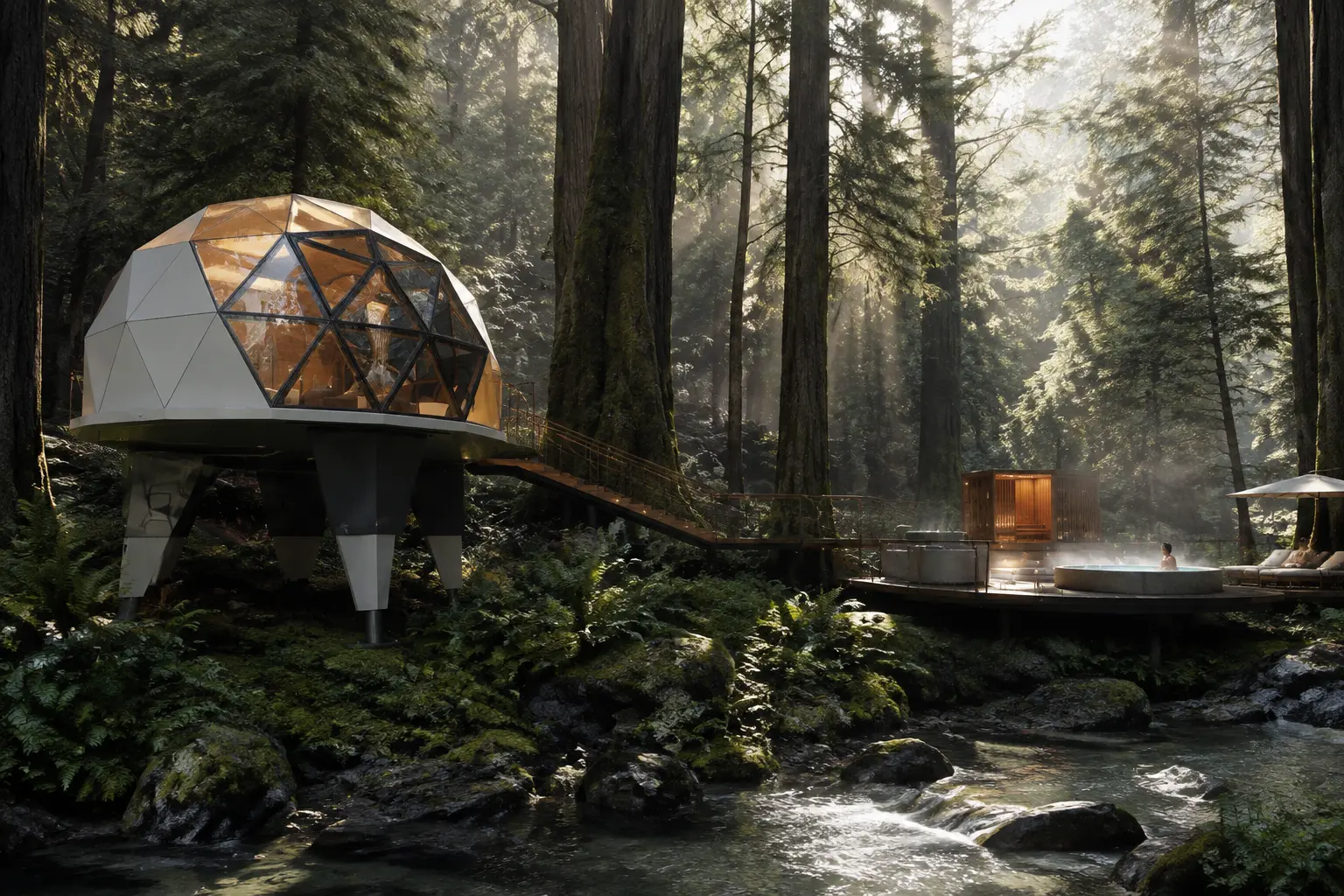 Concept art — a dome pod on stilts among towering forest redwoods beside a stream and sauna