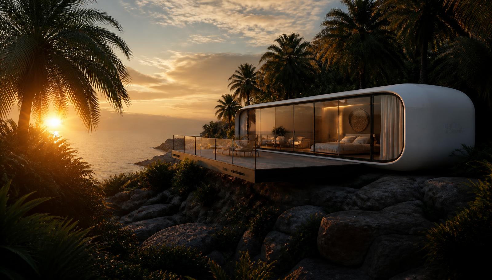 Concept art of Solaris capsule pods along a tropical coastline