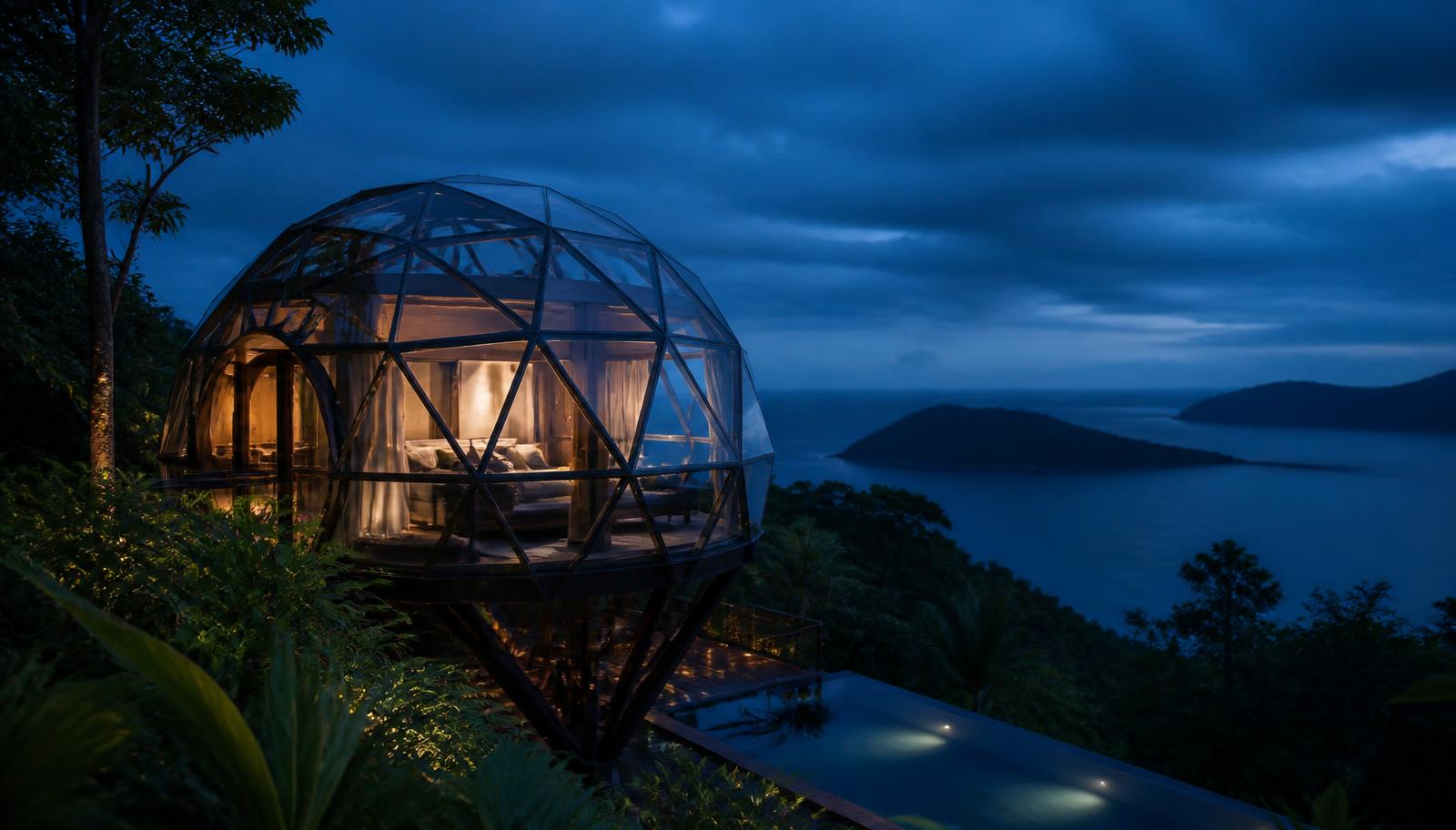 Dome pod on a jungle hillside at blue hour