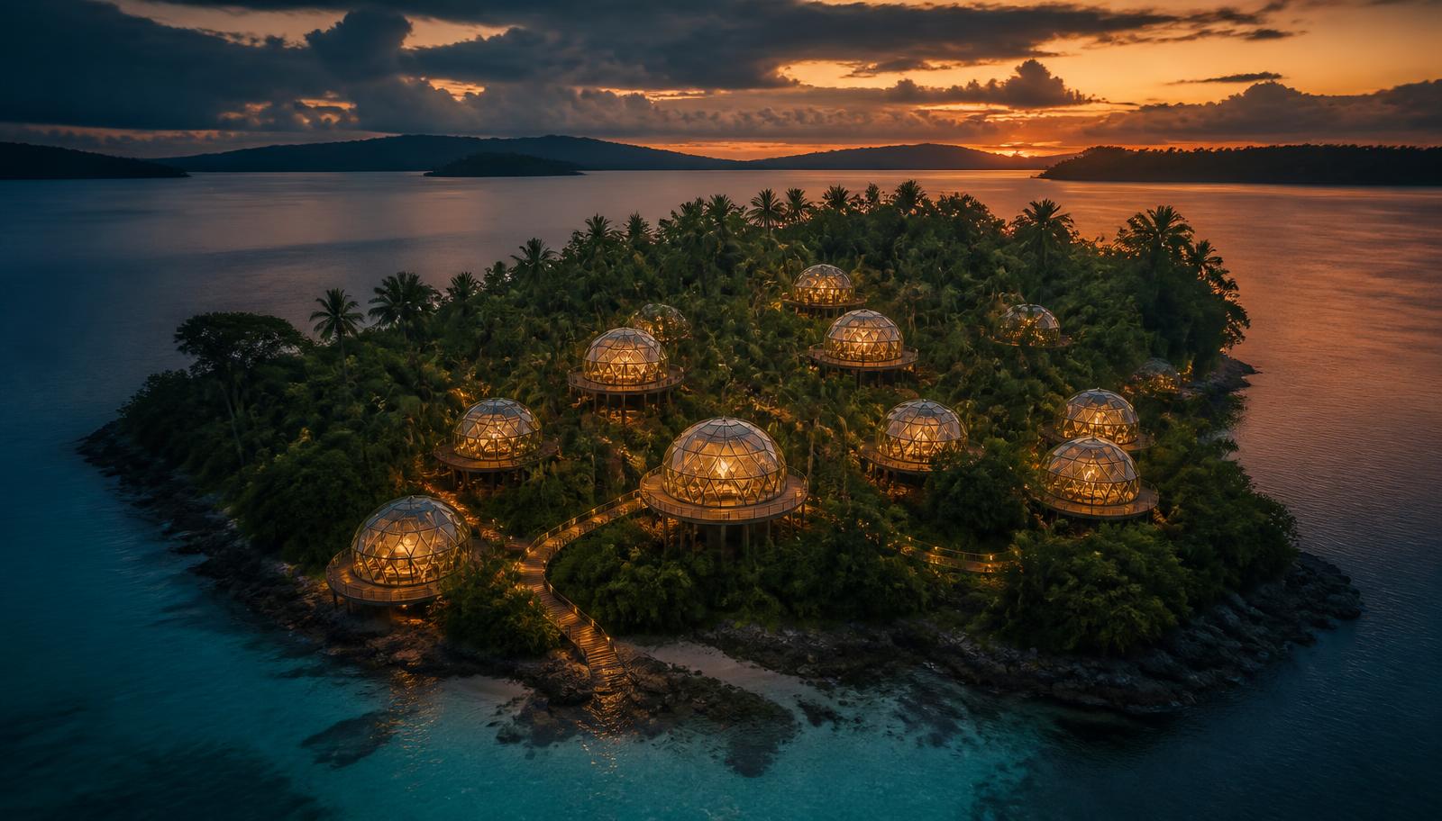 Aerial concept of a Solaris island site at sunset