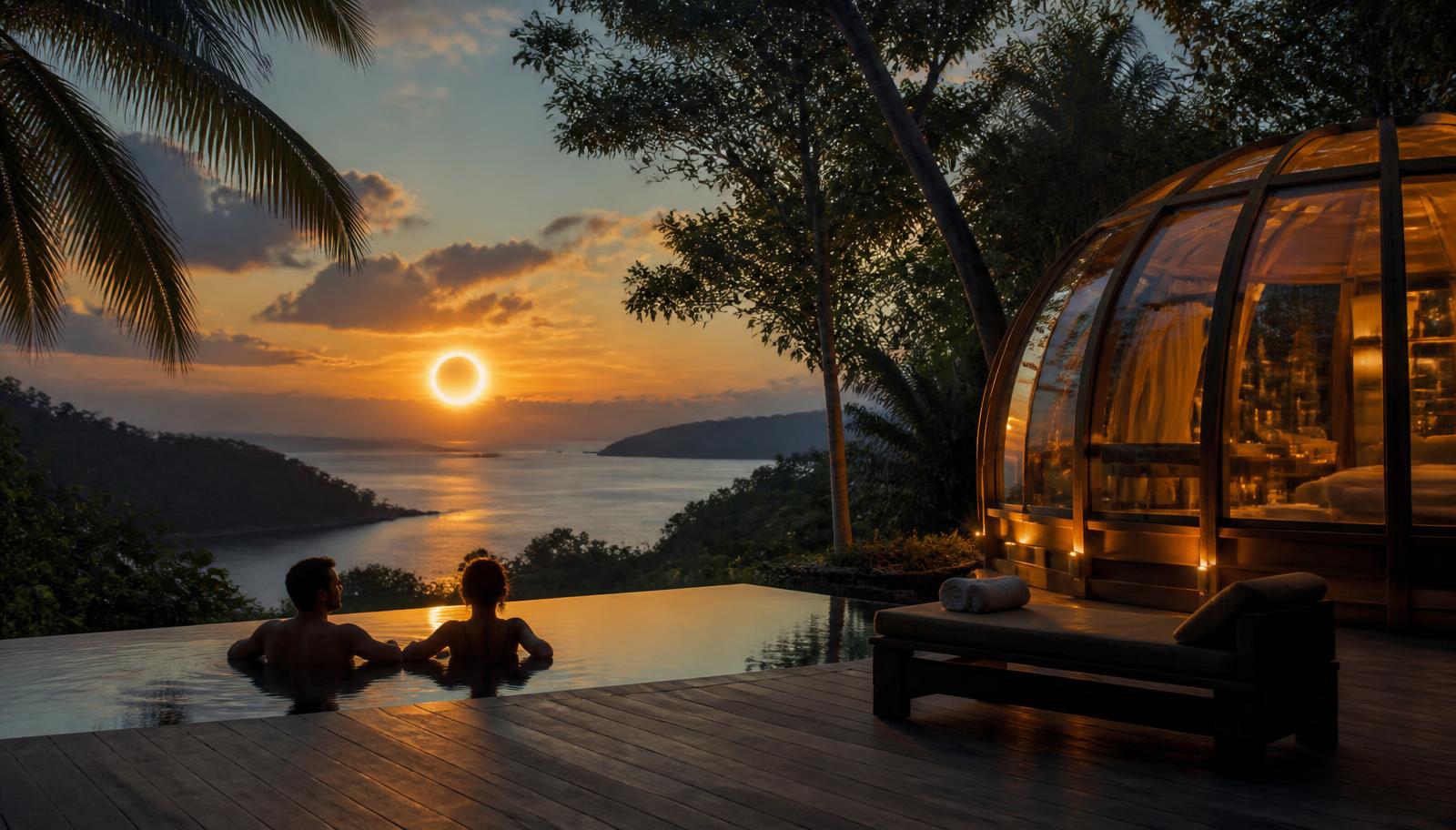 Members at an infinity pool at dusk beside a lit Solaris pod