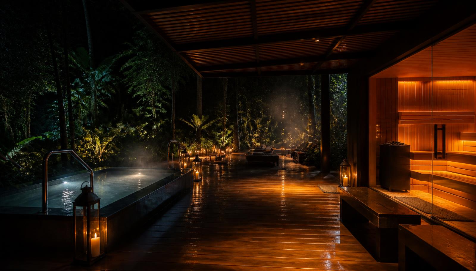 Spa and recovery pavilion lit at night