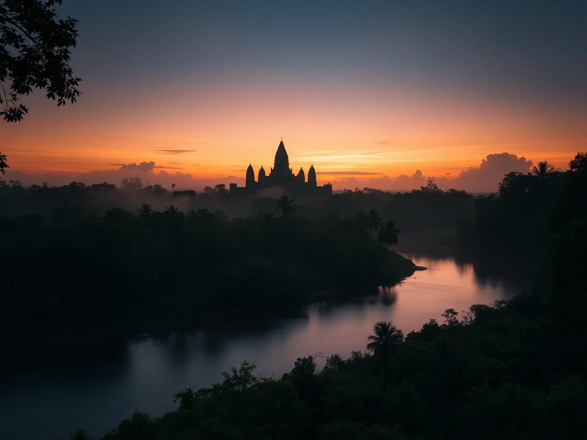 Temple silhouette above a misty river and rainforest at dawn