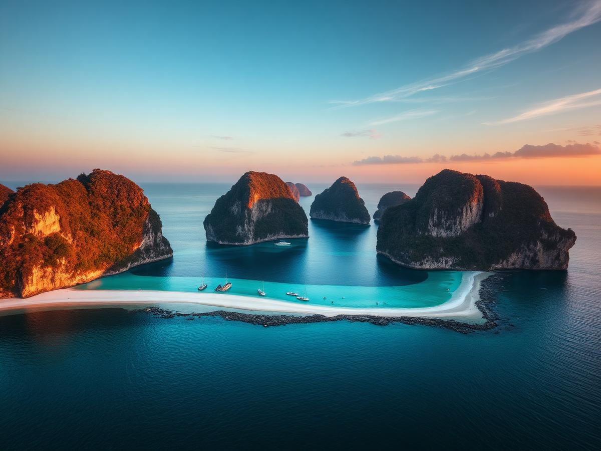 Aerial view of Palawan limestone islands and a turquoise lagoon at golden hour