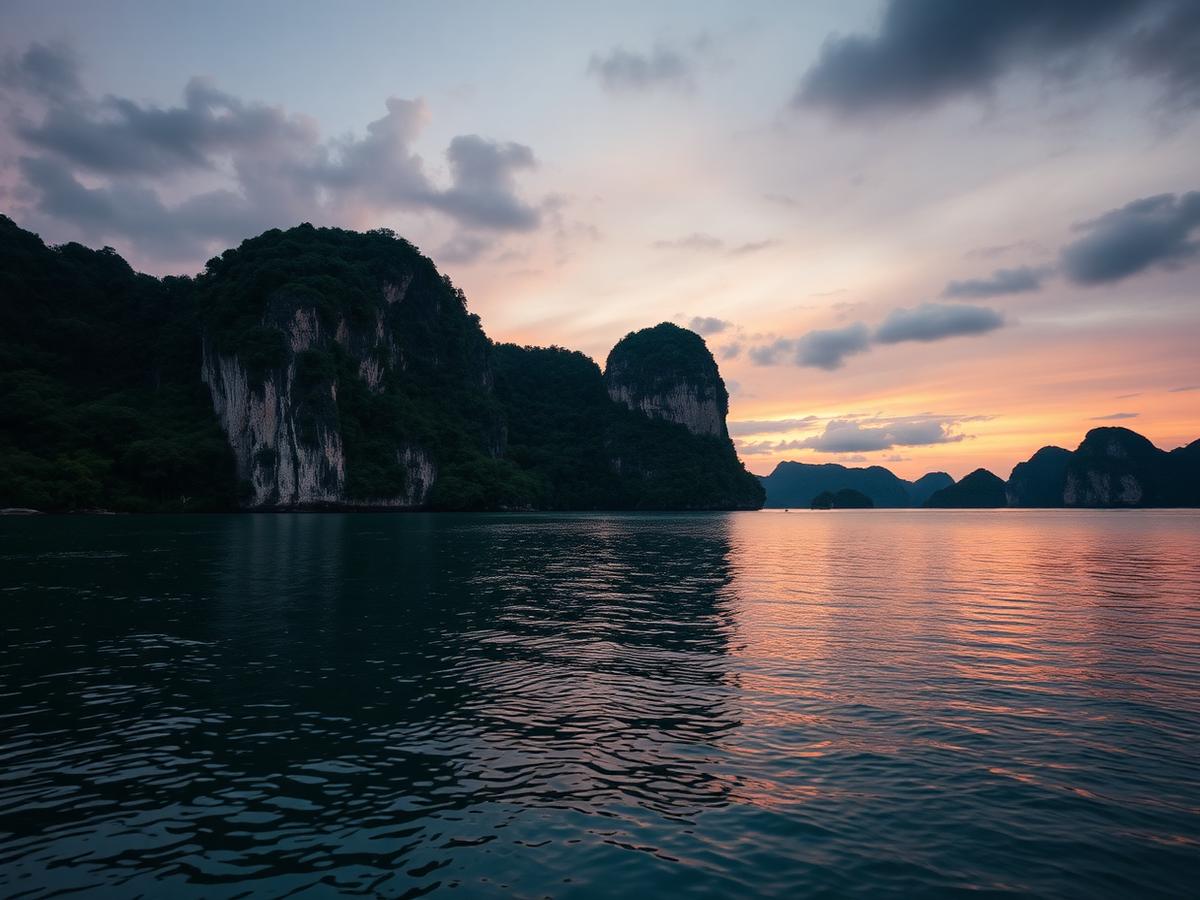 Limestone headlands and still water in a secluded Thai bay at dusk